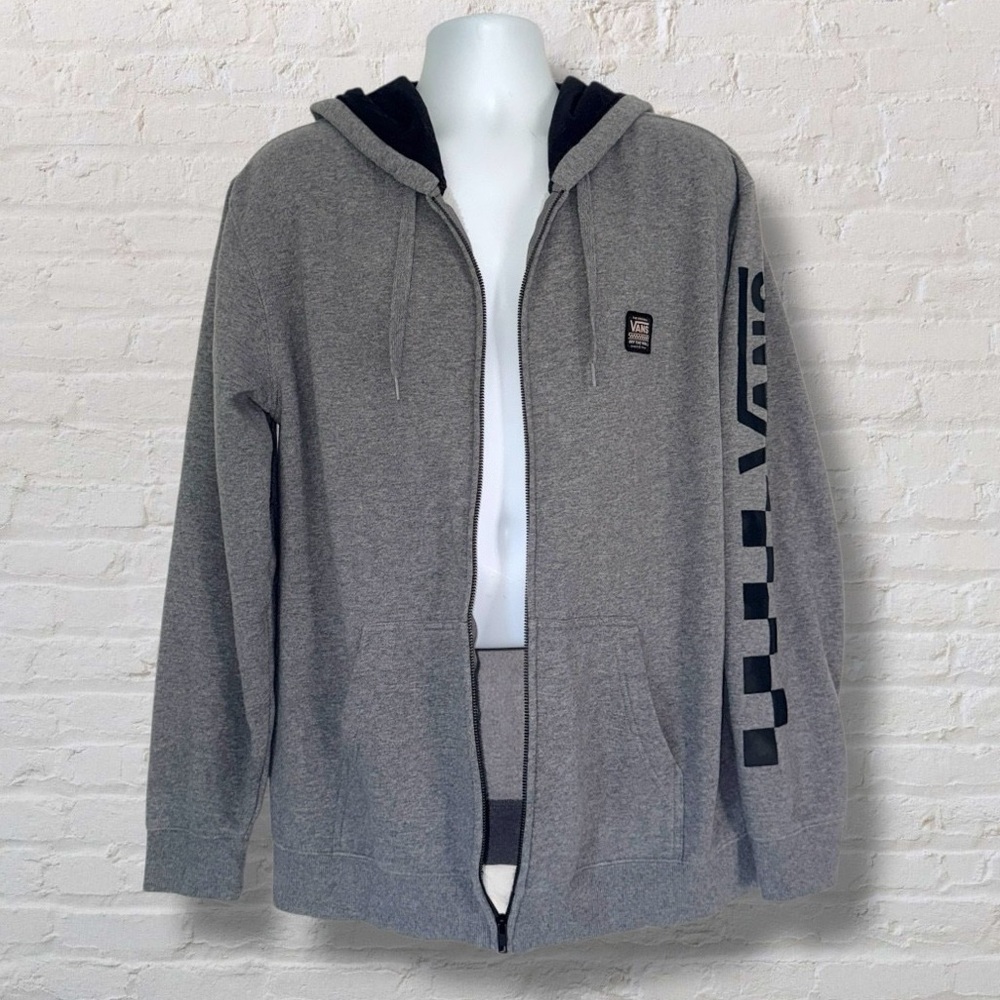 Vans Men’s Full Zip Hoodie Gray Fleece Lined Sweatshirt Sleeve Logo Large